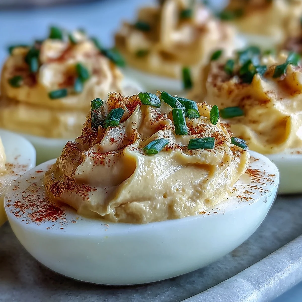 Million Dollar Deviled Eggs filled with creamy yolk mixture and garnished with fresh chives on a platter.