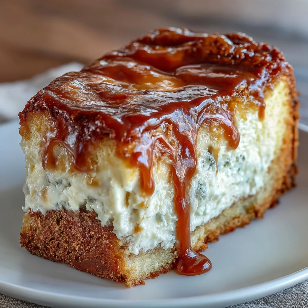 Freshly baked Caramel Cream Cheese Bread on a wooden board, showcasing a moist crumb and a sweet, gooey caramel swirl.