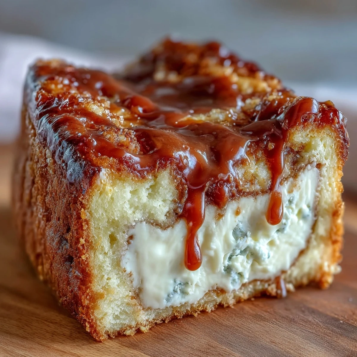 A close-up slice of Caramel Cream Cheese Bread revealing the rich cream cheese center and drizzled caramel topping on a plate.