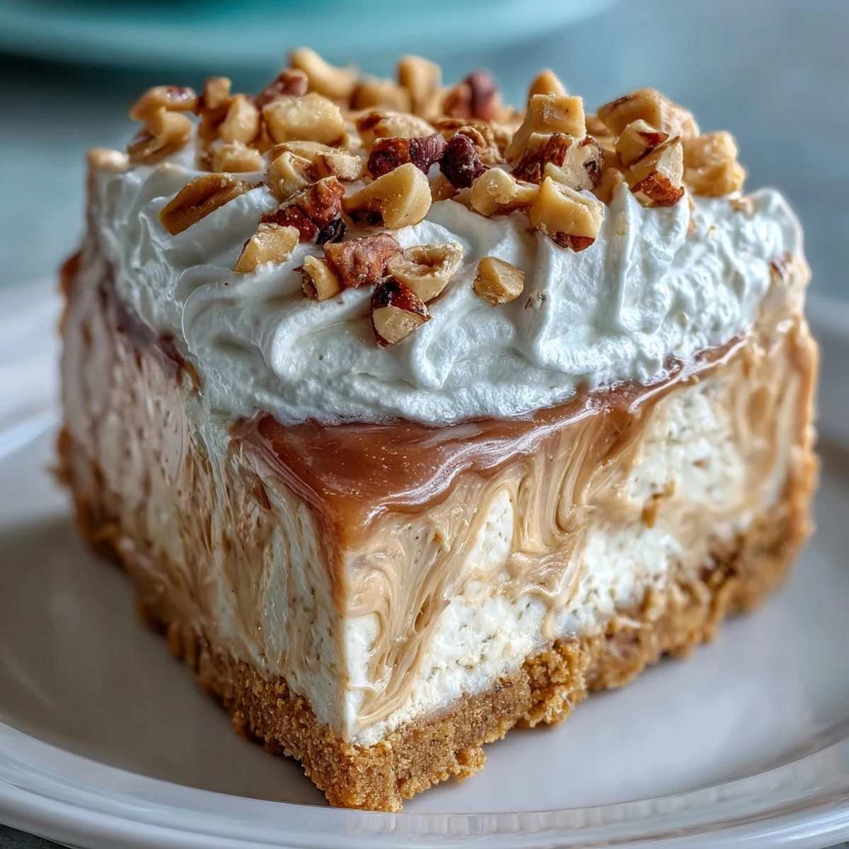 A close-up of Nutter Butter Cheesecake slices on a white plate, topped with whipped cream and chopped peanuts.