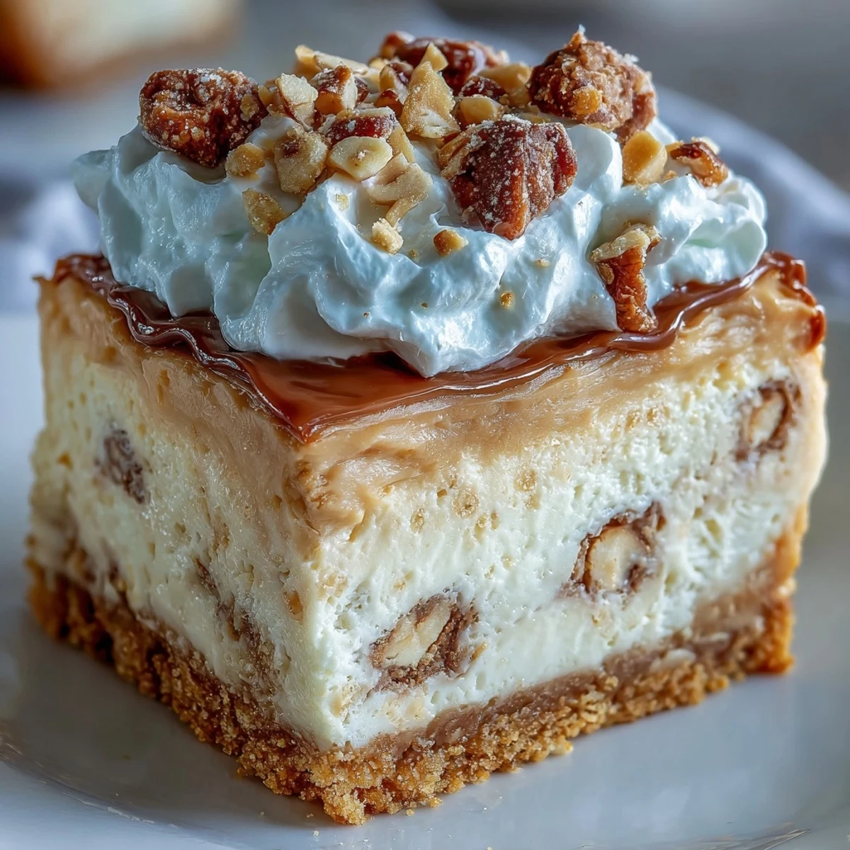 Freshly sliced Nutter Butter Cheesecake on a cake stand, featuring a rich peanut butter swirl and a crumbly cookie crust.