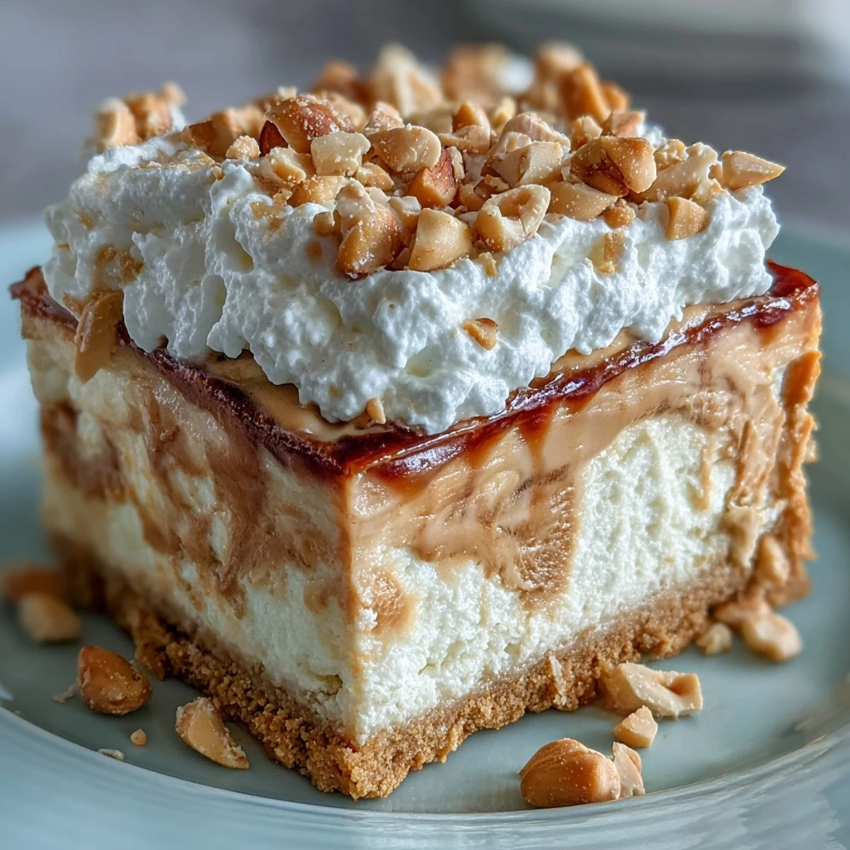 Nutter Butter Cheesecake garnished with whole cookies, served on a marble countertop with a slice lifted by a spatula.