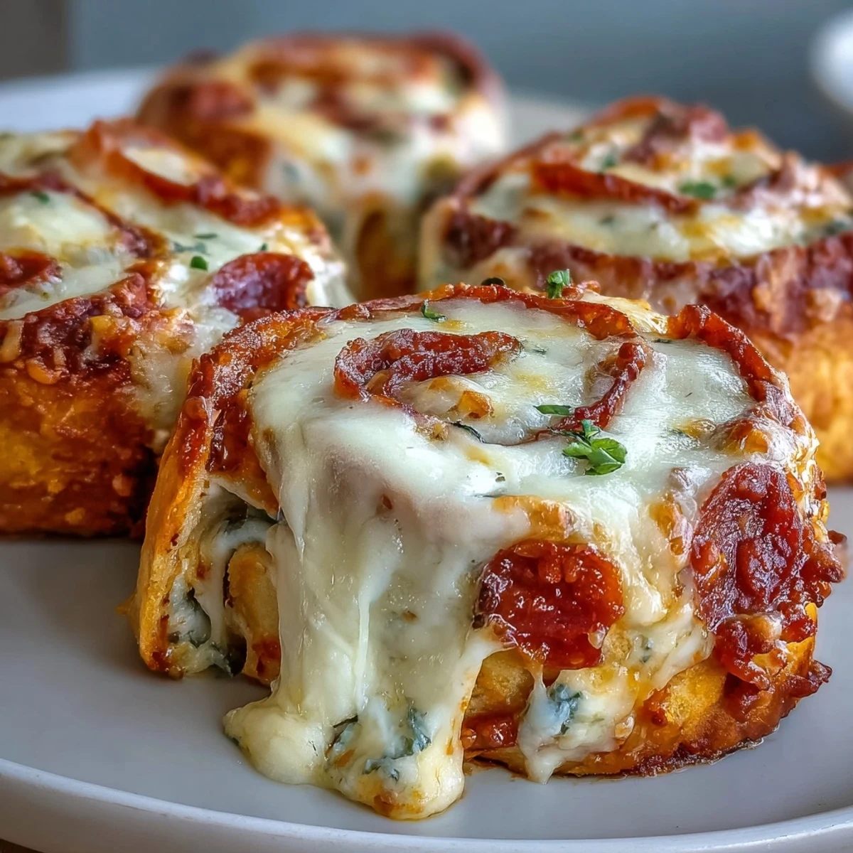 A close-up of Tortilla Pizza Rolls cut into bite-sized pieces, steam rising from gooey mozzarella, zesty tomato sauce, and pepperoni, with a scattered pinch of Italian seasoning.