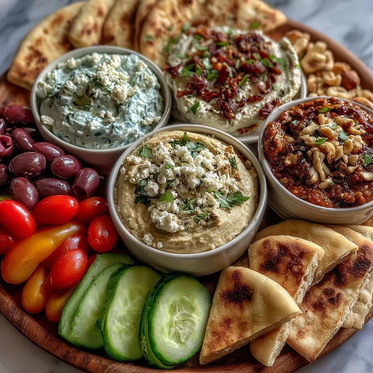 A shareable Mediterranean Brunch Board spread with dipping bowls, crumbled feta, and warm pita bread triangles.