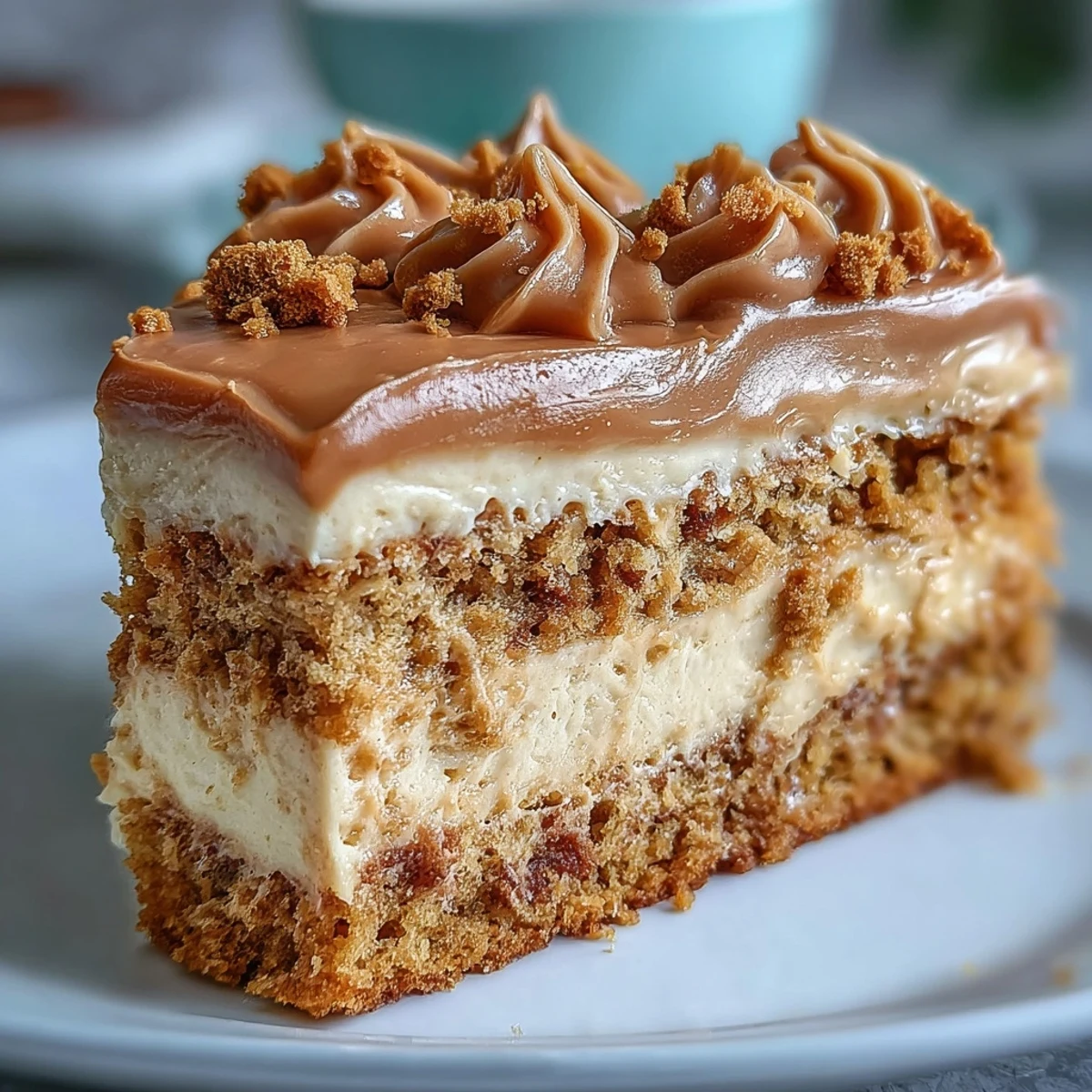 Freshly sliced Decadent Baked Biscoff Cake with Creamy Lotus Frosting showing fluffy crumb and caramel drizzle.