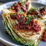 Warm Baked Cabbage Salad With Winter Romesco served on a rustic wooden table topped with toasted walnuts and lemon wedges.