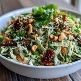 Vibrant bowl of Asian Cabbage Salad garnished with fresh cilantro and green onions, served alongside grilled chicken for a light lunch.