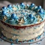 Festive two-tier vanilla cake with balloon toppers, perfect for graduation celebrations.