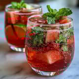 Vibrant red watermelon mint vodka spritz mocktail served with sparkling water, perfect for summer parties or non-alcoholic celebrations.