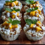 Close-up of Coconut Mango Sticky Rice Cups dessert topped with fresh fruit.