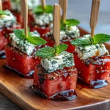 Savory and sweet watermelon feta bites, perfect for easy entertaining.