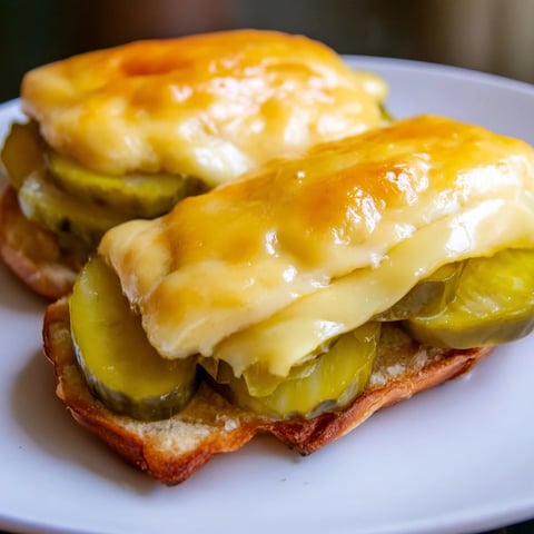 Golden, bubbly Pickle Bread Sandwich with crispy cheese and tangy pickles, ready to eat.