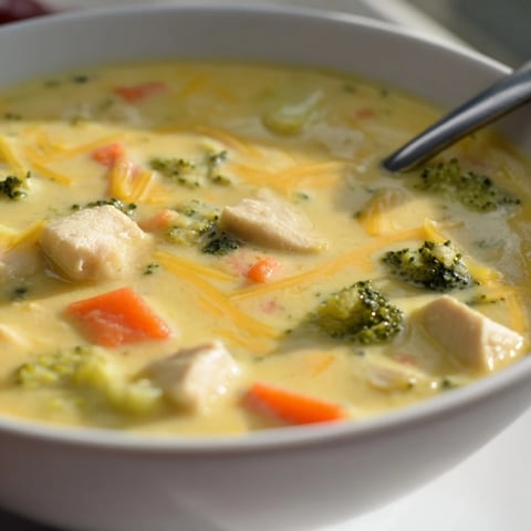 A steaming bowl of creamy Chicken Broccoli Cheddar Soup, featuring tender chicken and vibrant green broccoli florets, perfect for a cozy weeknight dinner. 