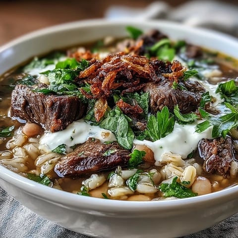 Tender beef cubes and pearl barley swim in a rich, aromatic broth, ladled into a rustic bowl.