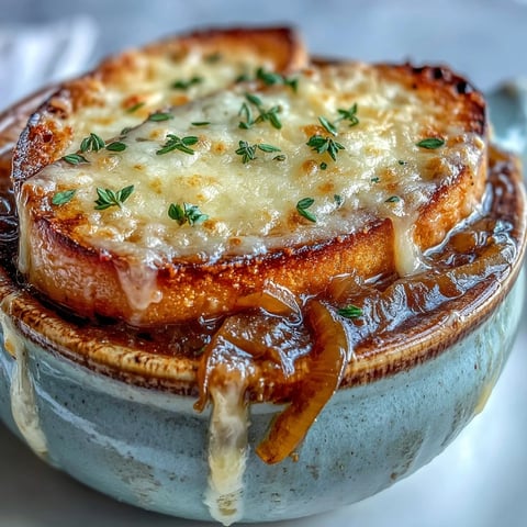 Golden, bubbly Gruyère melts over a toasted baguette slice atop Classic French Onion Soup.
