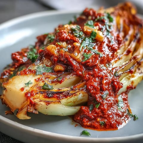 Golden roasted cabbage wedges arranged on a platter, drizzled with vibrant Winter Romesco sauce and fresh parsley garnish.