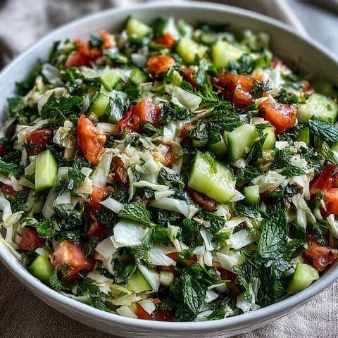 Freshly chopped Lebanese Cabbage Salad in a white bowl, showcasing crisp green cabbage, diced tomato, and cucumber, tossed with parsley and mint. 