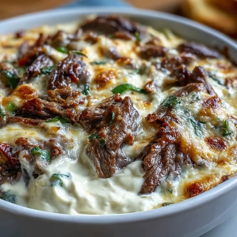 Golden, bubbly Philly Cheesesteak Dip in a baking dish, topped with melted provolone and served with toasted baguette slices for dipping.