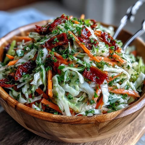 Freshly tossed red and green cabbage salad with sun-dried tomatoes and herbs in a ceramic bowl.