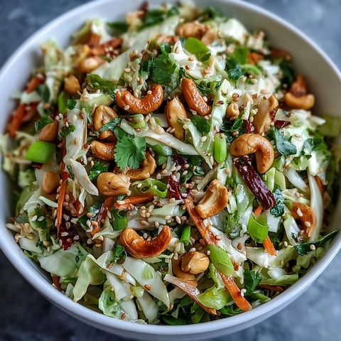 Freshly tossed Asian Cabbage Salad with crisp green and purple cabbage, shredded carrots, and chopped peanuts in a sesame-ginger dressing.