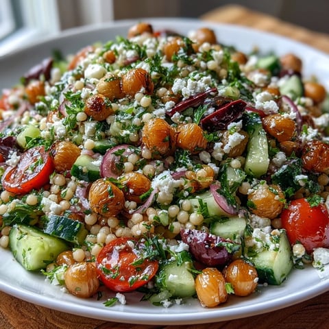 Fresh Mediterranean Pearl Couscous salad topped with crumbled feta and parsley, tossed with crunchy cucumber and sweet bell peppers in a zesty oregano dressing.