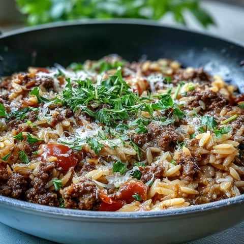 Fork-tender ground beef orzo dinner simmering in a rich tomato broth, dotted with sweet bell peppers and fresh parsley.