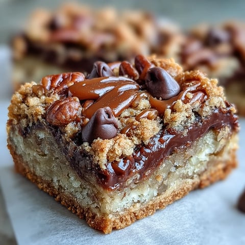 Decadent Sweet and Chewy Turtle Bars with Chocolate and Caramel show a golden crumb topping on baked squares.
