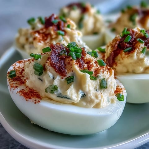 Million Dollar Deviled Eggs garnished with paprika and fresh chives on a white platter, a creamy classic American appetizer.