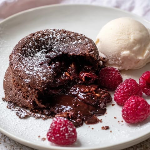 Steaming Cocoa-Warm Dark Chocolate Lava Cakes topped with fresh berries and a dusting of powdered sugar.