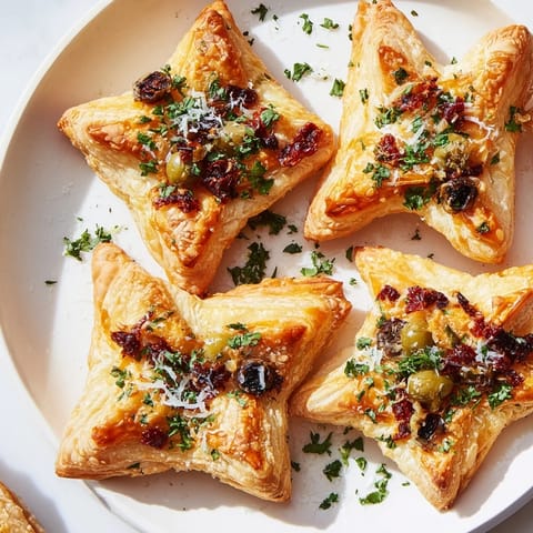 Golden Olive and Sundried Tomato Star Garland appetizer, flaky pastry stars baked to a perfect golden brown appearance.