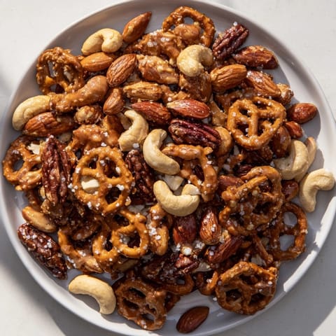 Crunchy mini pretzels and mixed nuts generously coated in homemade, decadent salted caramel.