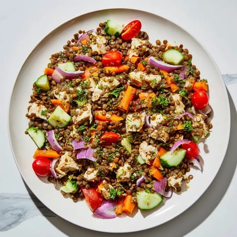 This chilled Chicken and Lentil Recession Salad boasts a zesty lemon dressing, coating the hearty chicken and lentils.