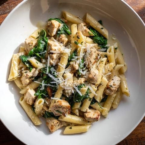 One-pot Spinach and Chicken Pasta is steaming hot, featuring chicken, pasta, and spinach in a bowl.