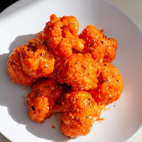 Golden-brown Sriracha-Buffalo Cauliflower Bites with a creamy dipping sauce, ready for enjoying.