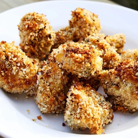 Close-up of baked and crispy spicy yogurt chicken bites with visible, flavorful seasoning.