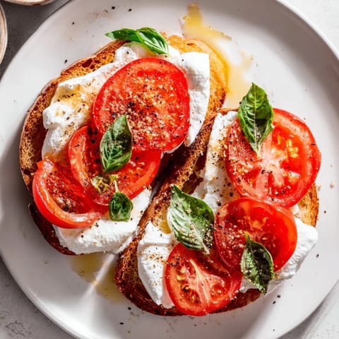 Golden sourdough piled high with Tomato Burrata toasted goodness, drizzled with olive oil and balsamic glaze.