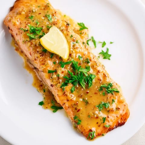 Oven-baked Honey Mustard Salmon glistening with a sweet and savory sauce, ready to serve with lemon.