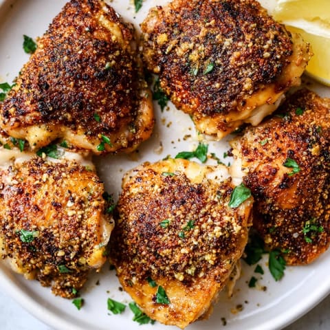 Close-up of crispy garlic chicken thighs, showcasing the delicious, golden, savory crust and herbs.