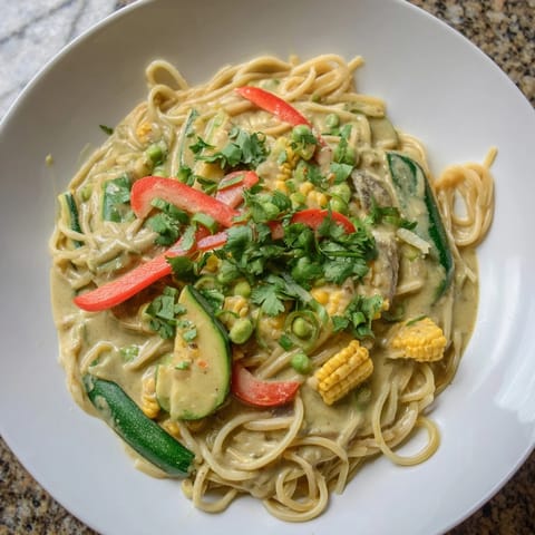 Steaming bowl of Thai Curry Pasta, a delicious fusion meal with fresh herbs and lime wedges.