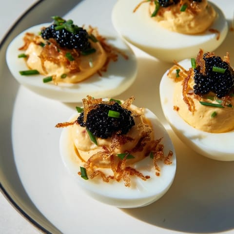 Luscious deviled eggs: creamy yolks accented by salty caviar and crispy shallot garnishes.