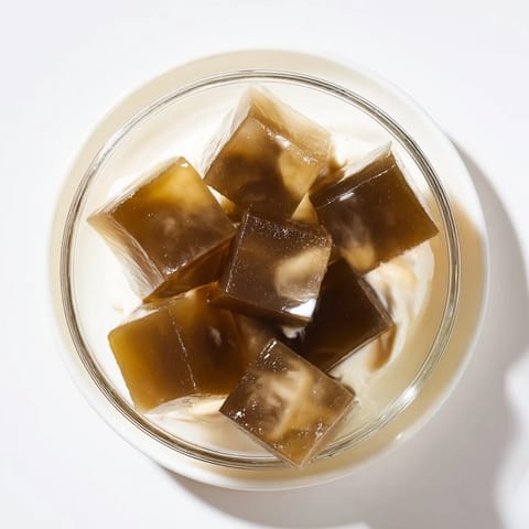 Freshly cut coffee jelly cubes swimming in a bowl of sweetened heavy cream.  
