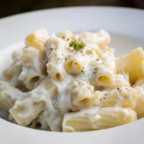Serving suggestion for Creamy Milk Pasta One-Pot, steaming and plated beside a glass of white wine, perfect for a cozy vegetarian dinner.
