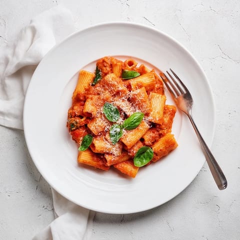 Perfectly blended sauce ready to coat pasta, garnished with fresh basil and a sprinkle of Parmesan for a family dinner.  
