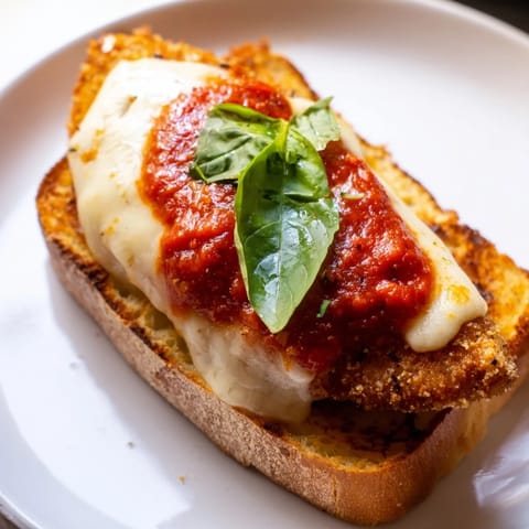 The Chicken Parm Grilled Cheese is sliced to show layers of zesty marinara sauce, gooey cheese, and buttery, garlicky bread. 