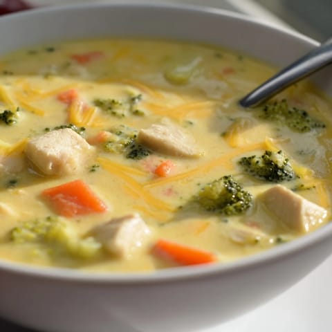 A steaming bowl of creamy Chicken Broccoli Cheddar Soup, featuring tender chicken and vibrant green broccoli florets, perfect for a cozy weeknight dinner. 