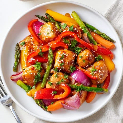 Sheet Pan Honey Garlic Chicken & Veg, a vibrant and easy weeknight dinner, is served hot from the oven on a rustic tray.