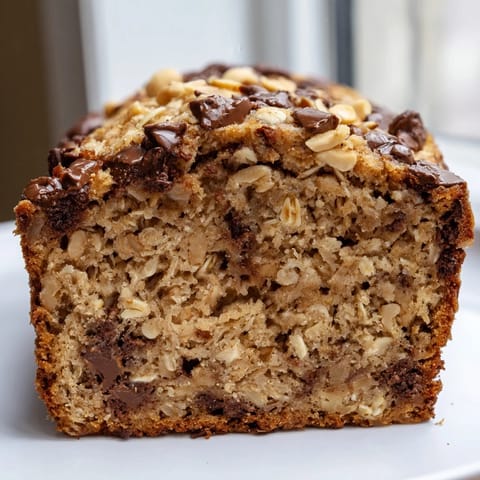 A golden-brown Chocolate Chip Peanut Butter Oatmeal Banana Bread loaf resting on a wooden board, garnished with oats and peanuts, perfect for breakfast or snack.