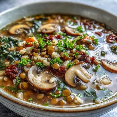 Hearty Double Lentil and Mushroom Barley Soup with collard greens in a pot.