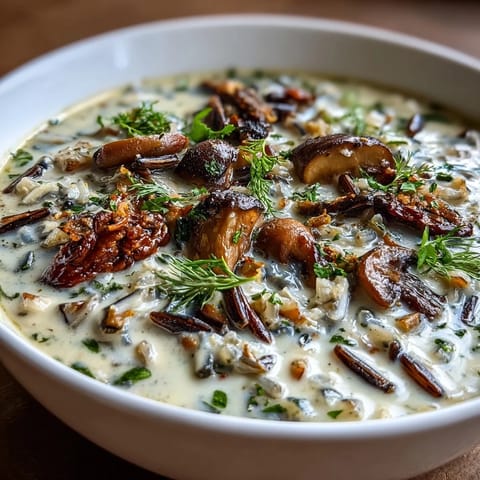 A warm bowl of homemade Wild Rice Mushroom Soup served alongside crusty artisan bread, perfect for a cozy autumn lunch or dinner.