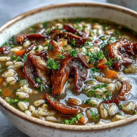 Overhead view of hearty Mushroom Barley Soup, garnished with fresh parsley and served alongside slices of crusty rye bread.